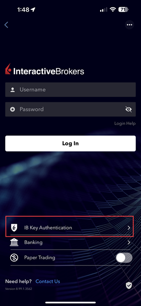 The IB Key authentication selection on the iPhone. 